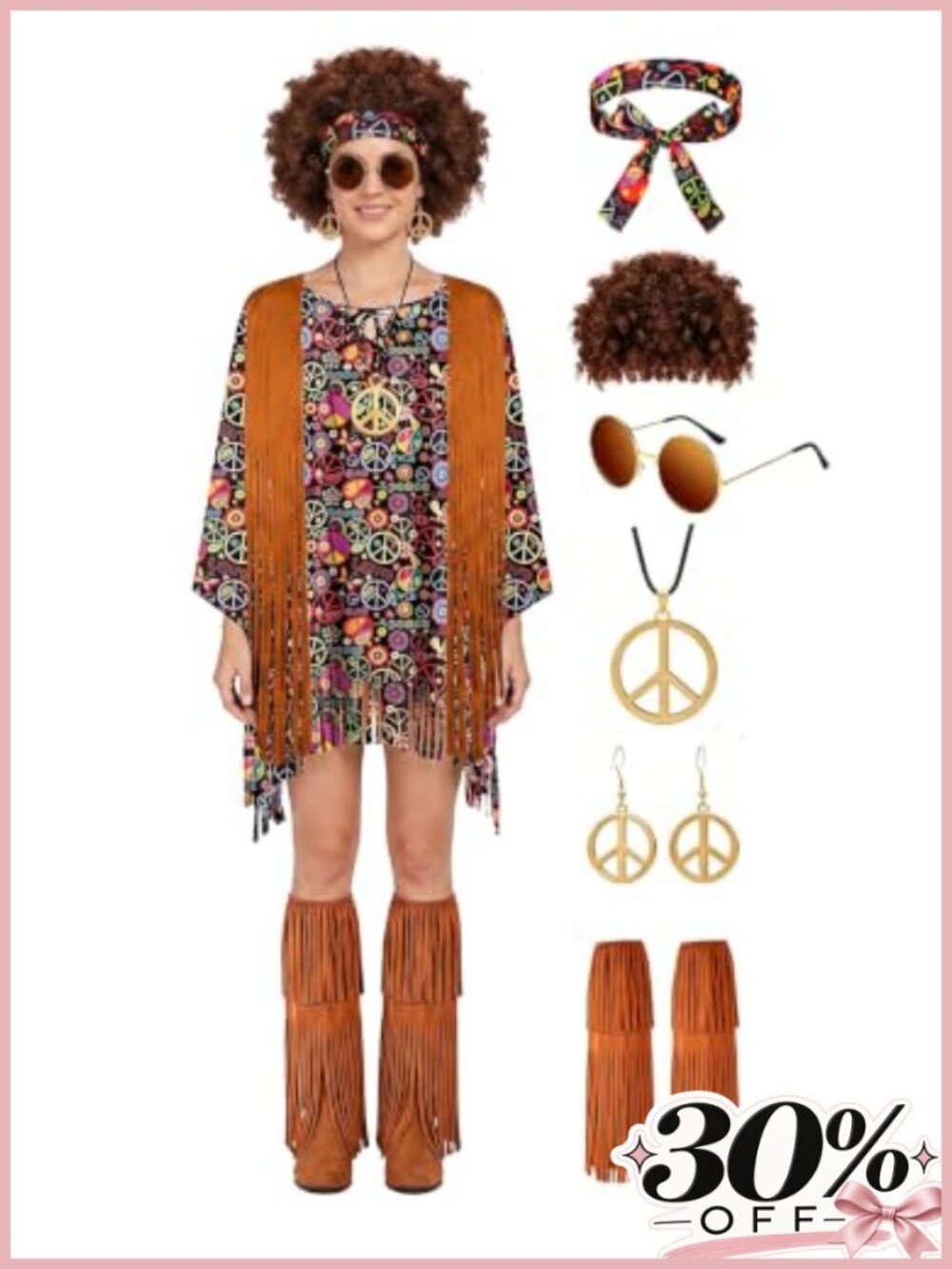Hippie Costume Set Fringe Poncho Leg Warmers Wig 60s 70s Women